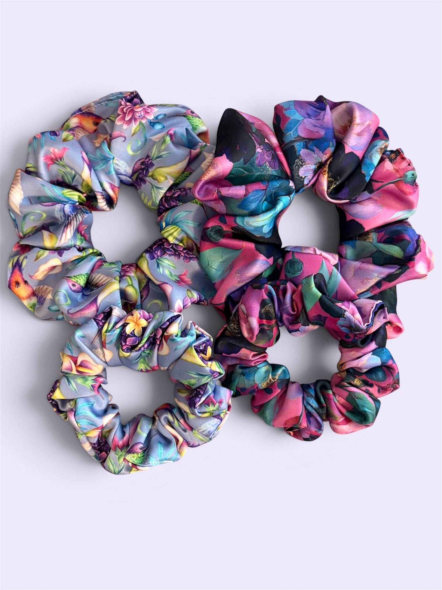 Satin Hair scrunchie King fisher or Floral design