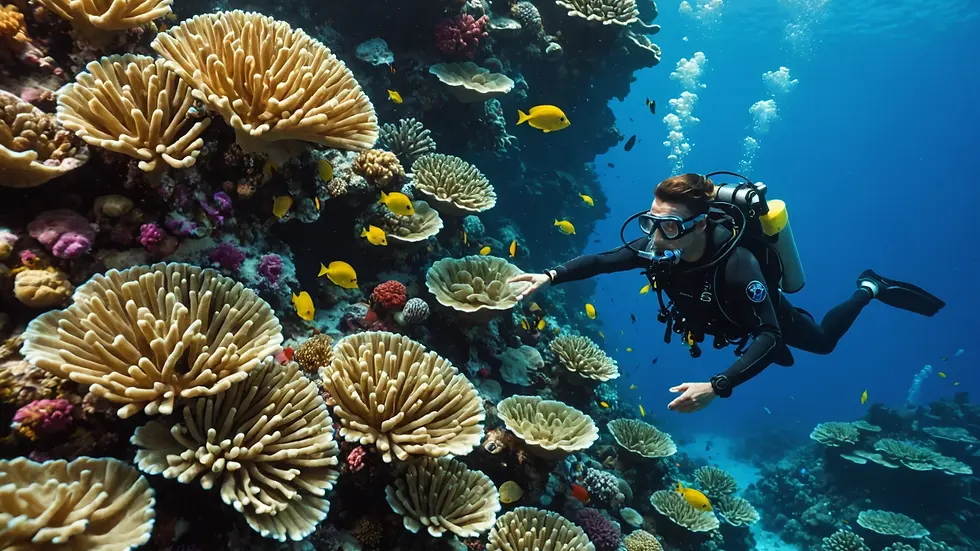 Eye-level view of the Tugboat wreck surrounded by colorful fish