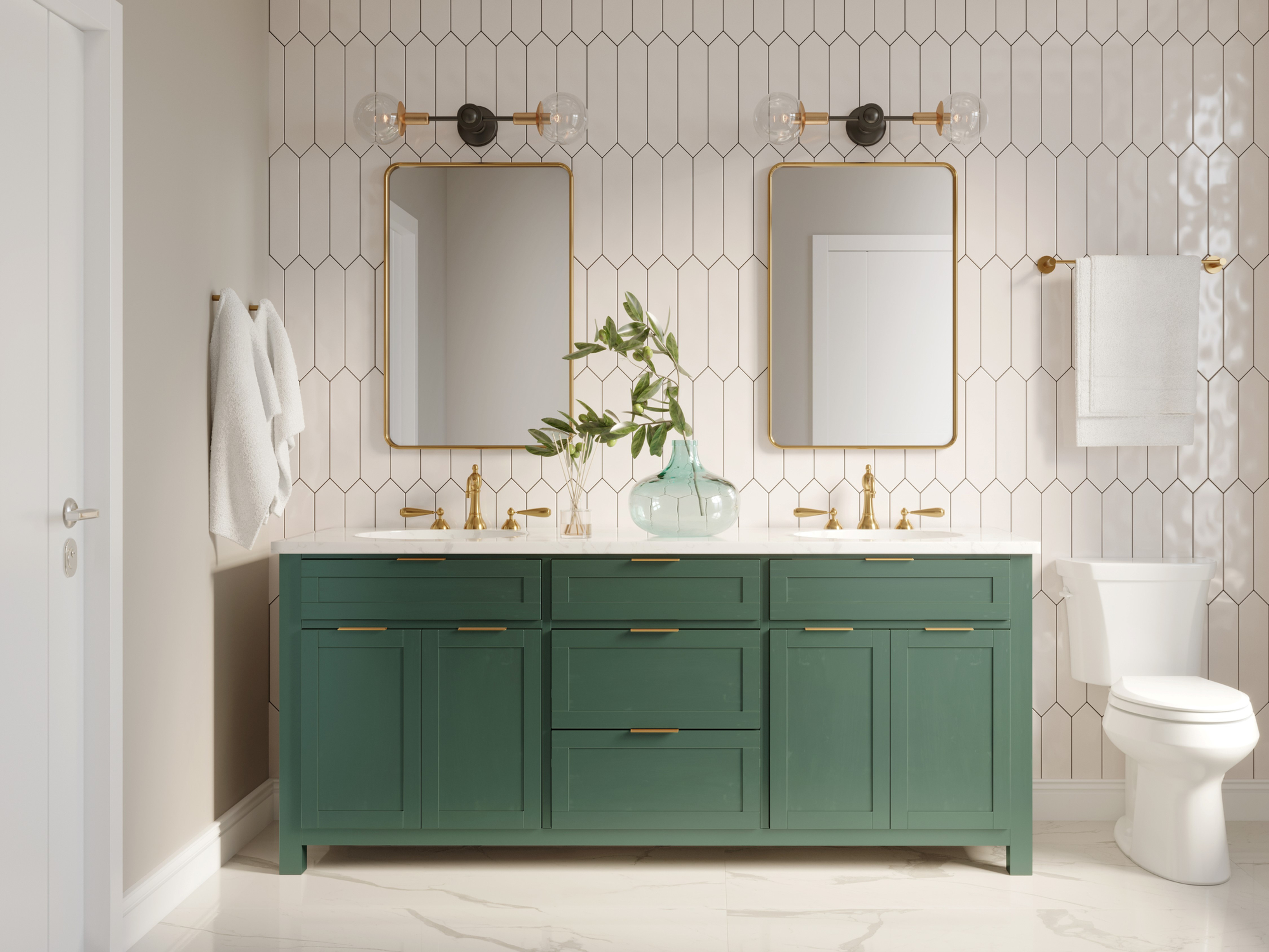 A picket style tile wall with a green vanity, two mirrors, a toilet to the right side of the vanity, and white flooring.