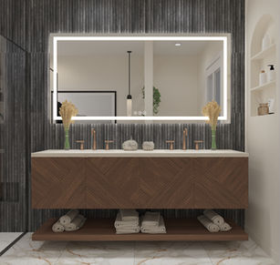 Modern bathroom with dark wood vanity, textured walls, and marble flooring