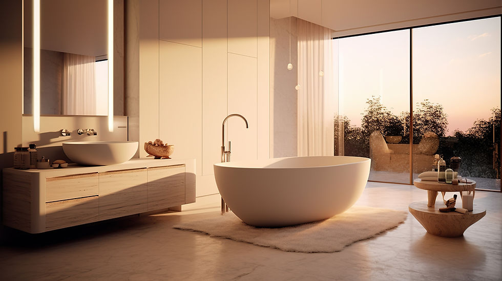 A free-standing bathtub with a polished nickel tub-filler next to a floating vanity to the left under a large LED-lit mirror.