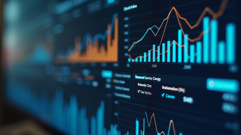 Close-up view of a digital dashboard displaying business analytics and workflow charts