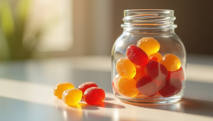 High angle view of cbdMD CBD gummies in a glass jar with natural light