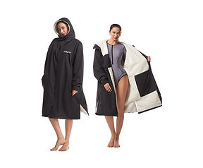 Woman wearing fleece lined black dry robe