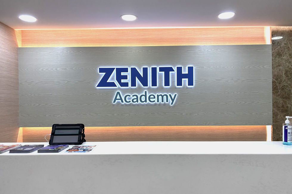 office place with zenith academy in back backdrop lghts agains grey wall