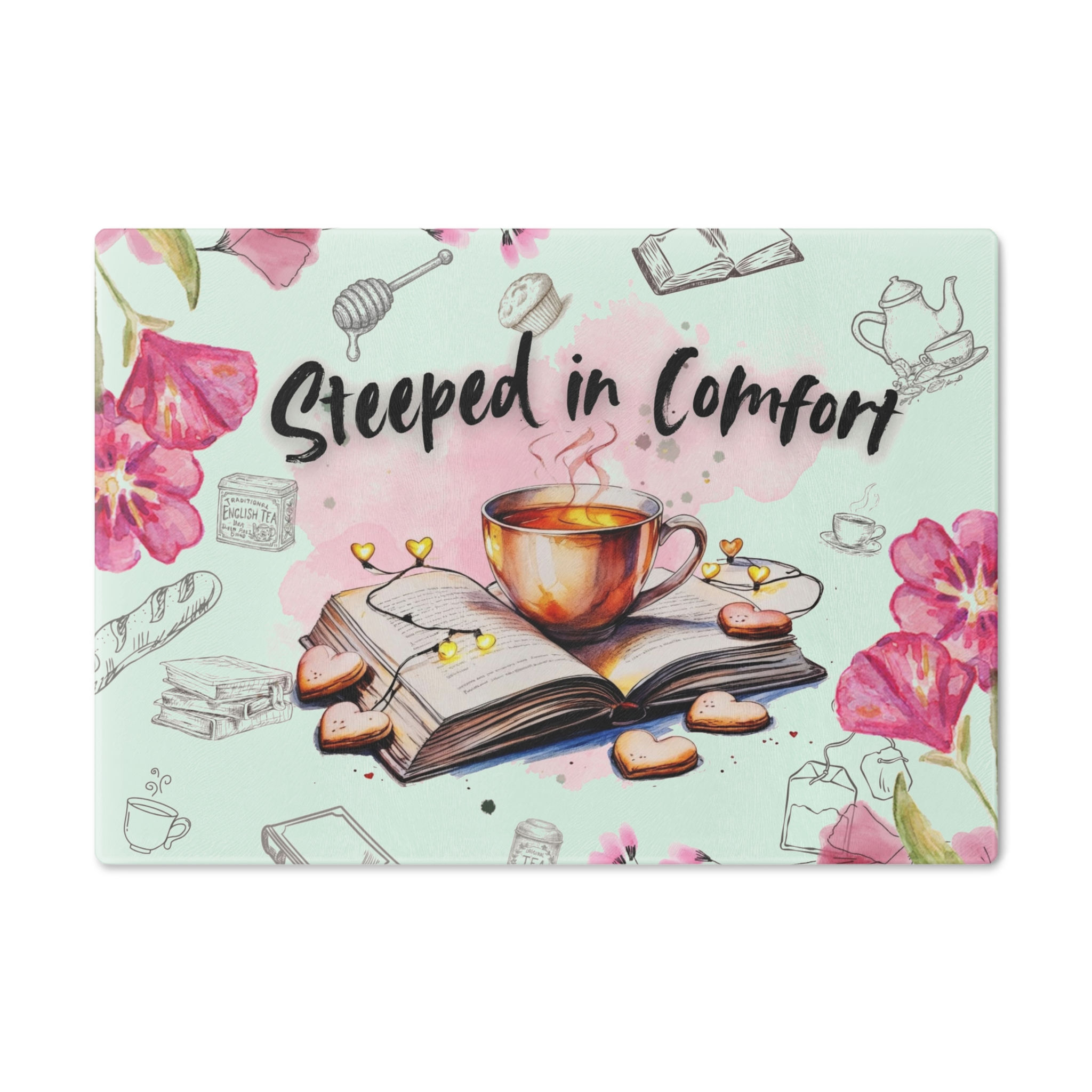 Cutting Board — "Steeped in Comfort" Tea & Book Decorative Chopping Board