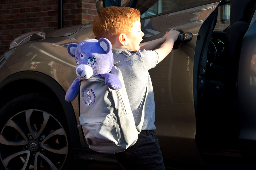 Thumbnail: Young Boy opening car door to travel somewhere with the backpack on his shoulders with Bears head popping out the top