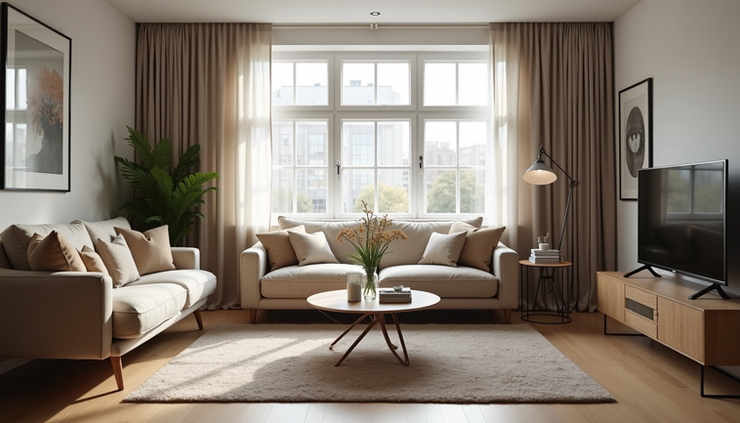 Eye-level view of a small UK flat living room with single-person furnishings