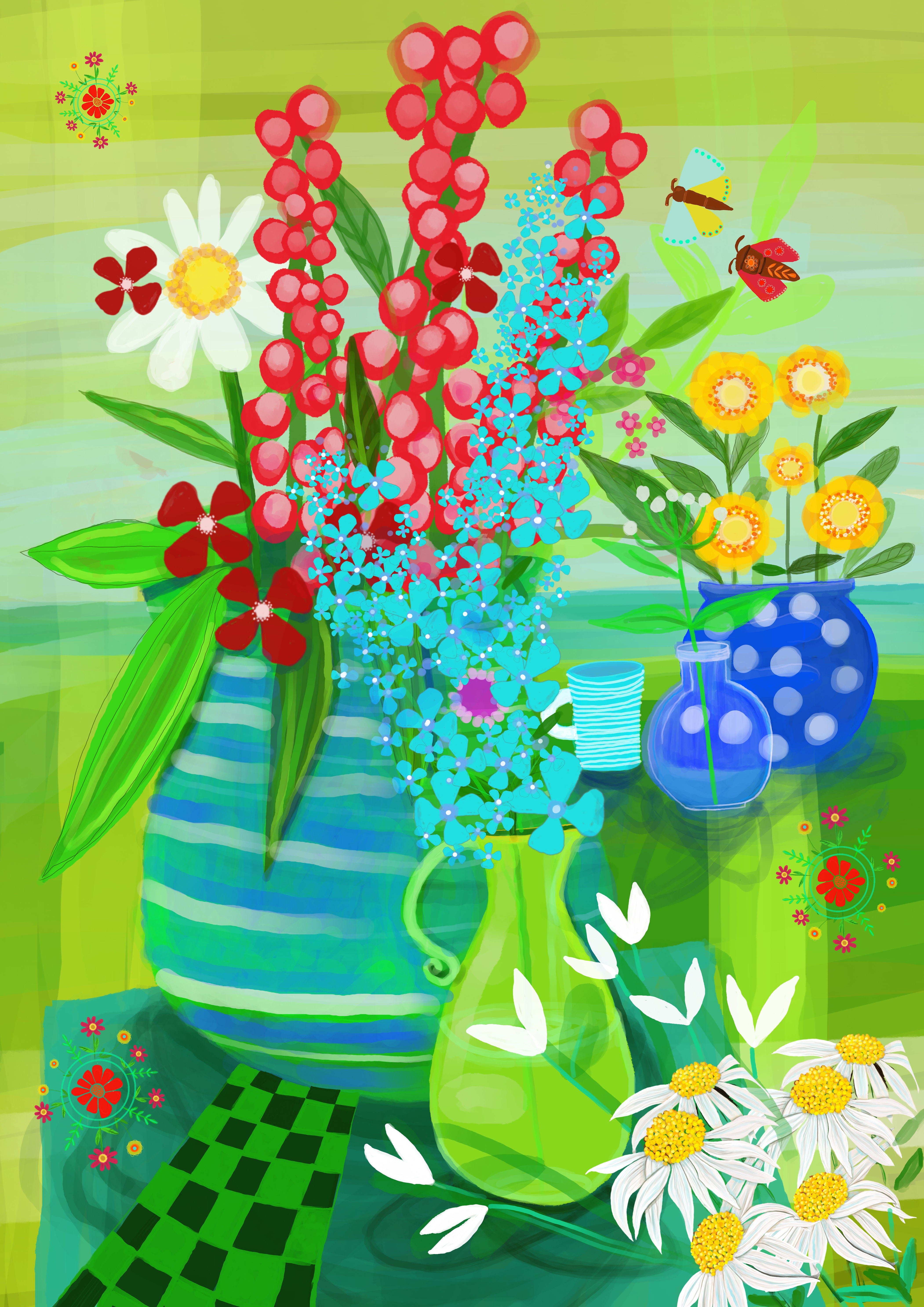 Moths & Flowers Digital Art Print | Contemporary Colourful Still Life Wall Art