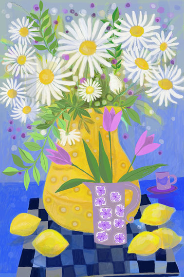 Blue background on a chequered cloth. Purple jug with tulips, yellow vase filled with large daisies. On the cloth there are 5 lemons.