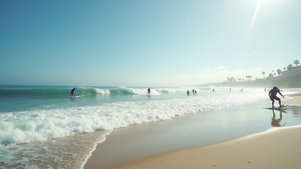 Wide angle view of Cerritos Beach with surfers riding the waves