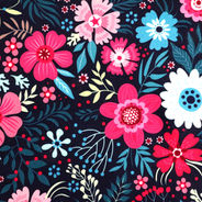 Various flowers and leaves of red, light blue and green colors