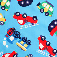 Cars, trains and trucks on a light blue background