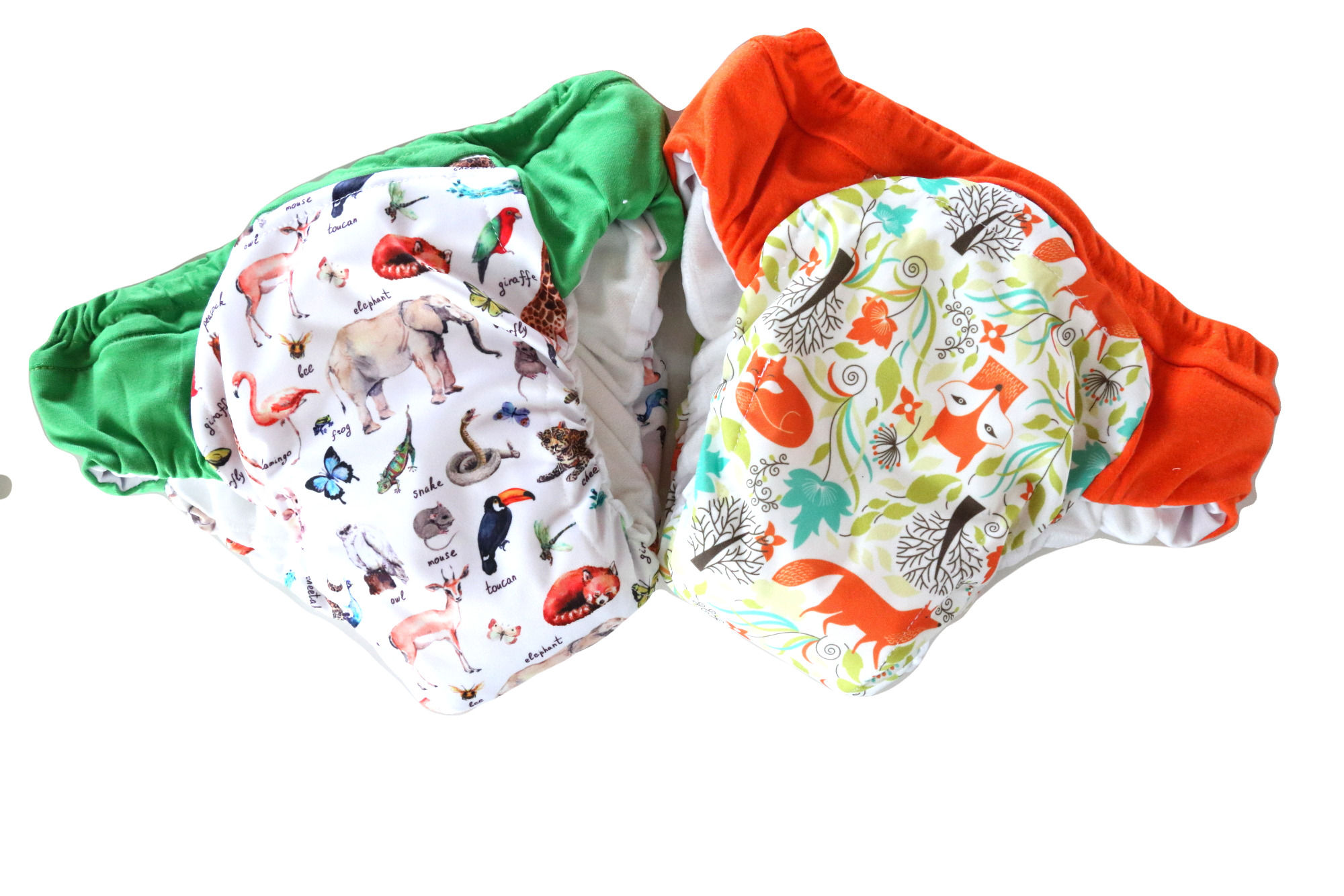 2 cloth pull ups of animal fabric pattern for daytime and overnight use