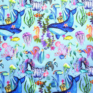 Sea creatures of whales, jellyfish, sea horses, sea shells and coral reefs