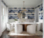 Dining room with abstract wallpaper.