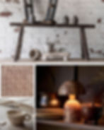 A collage of antique furniture, a table lamp, rough-hewn cup and a bandana.