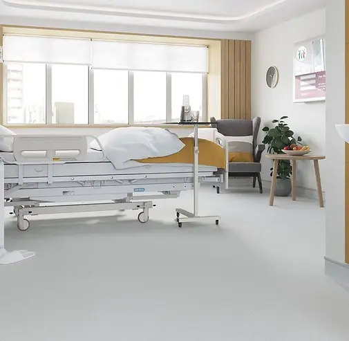 Polysafe safety vinyl, light grey in a hospital bedroom