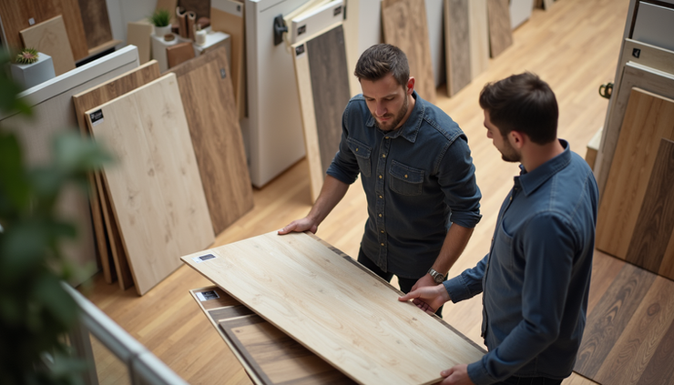 High angle view of a family-run flooring company owner discussing options with a customer