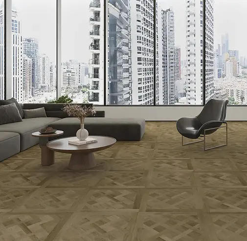 PlusFloor Versialle Panel LVT in the living room area of a flat in a highrise with large windows looking out into the city