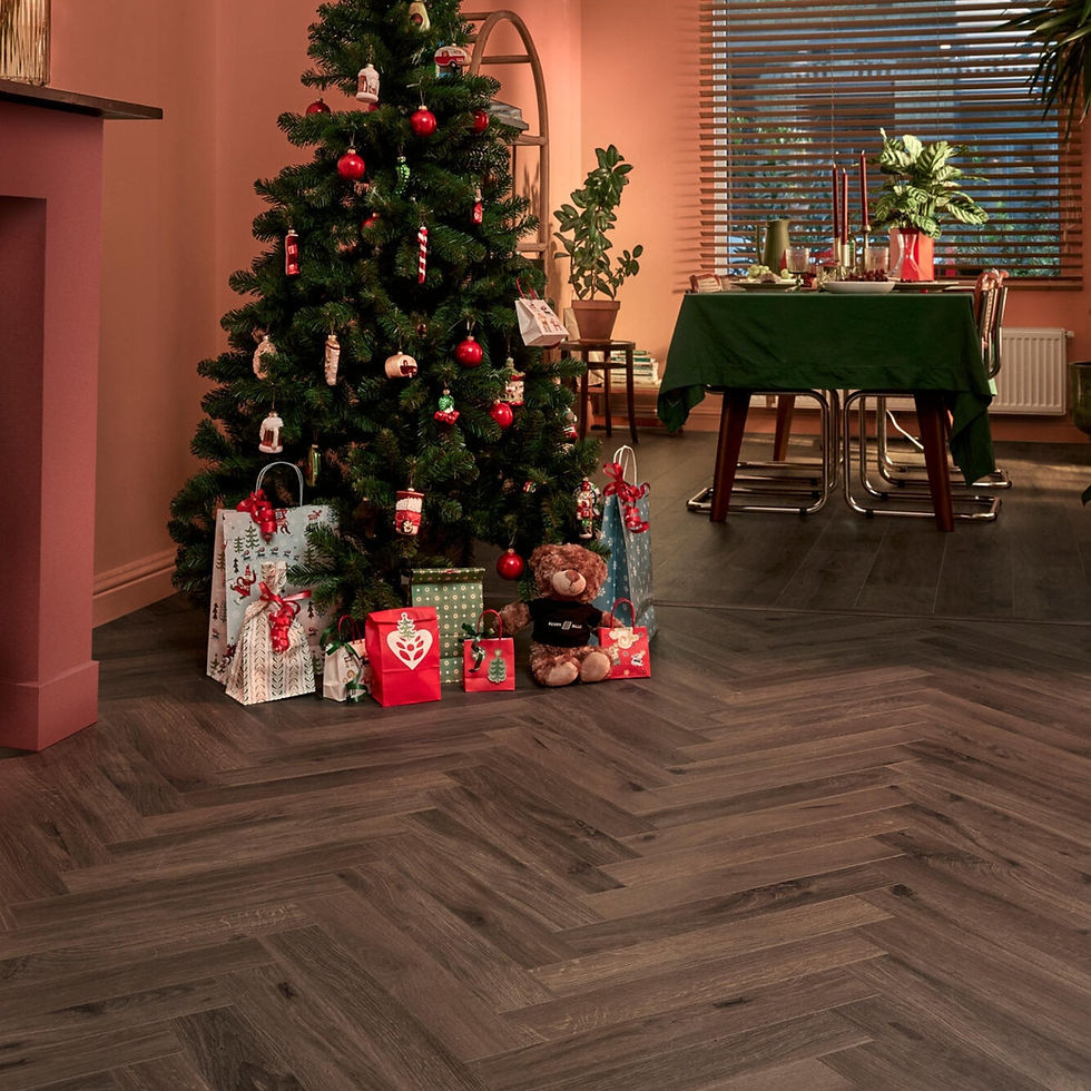 A living room at Christmas time with a new LVT floor.