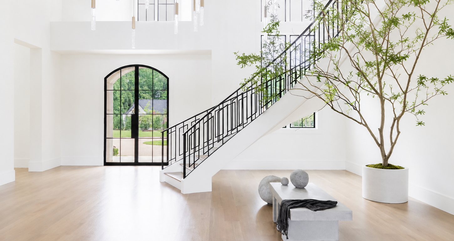 Bright two-story entryway with a white staircase, black geometric iron railing, and arched glass front door