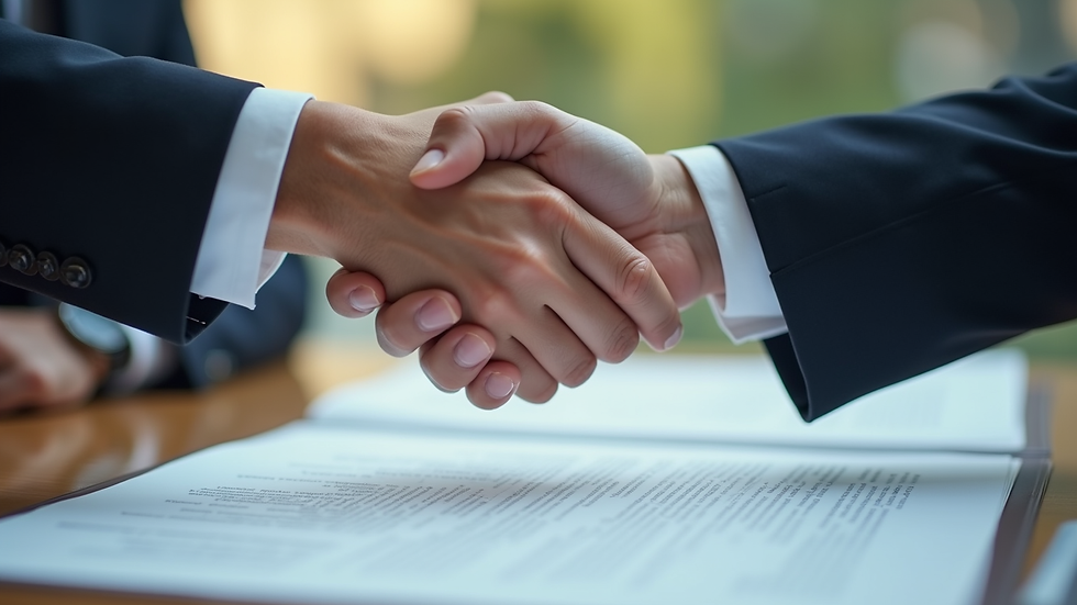 Close-up view of hands shaking over a contract symbolizing European business partnership