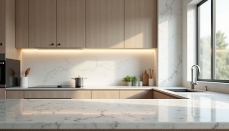 Eye-level view of a modern kitchen countertop with durable quartz finish