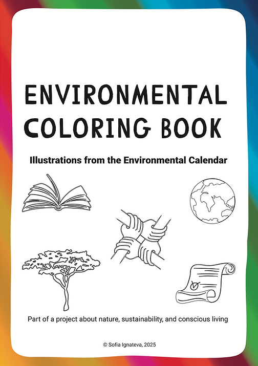 Coloring book cover: title, sample illustrations, and caption