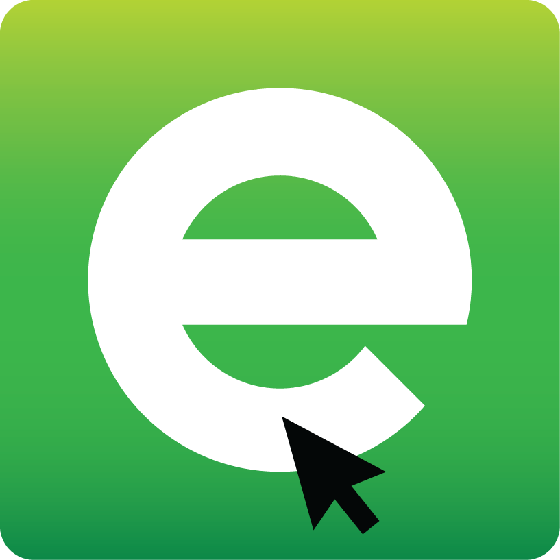 Company logo incorporating a green box with rounded edges that contains a lowercase e and a black mouse pointer inside of it.