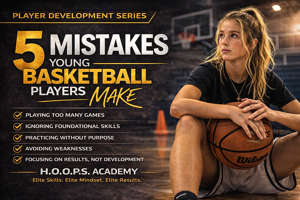 Promotional graphic for H.O.O.P.S. Academy featuring a young female basketball player sitting on a gym court holding a basketball, alongside the title “5 Mistakes Young Basketball Players Make” with a checklist of common development errors and the academy tagline “Elite Skills. Elite Mindset. Elite Results.”