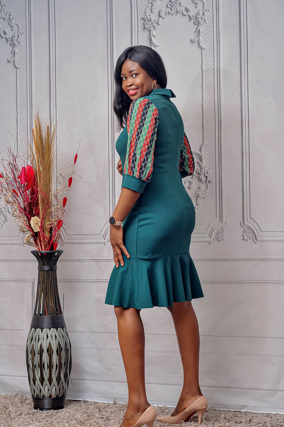 Thumbnail: Peplum Dress | Collar Neck with Chiffon Sleeve | Green