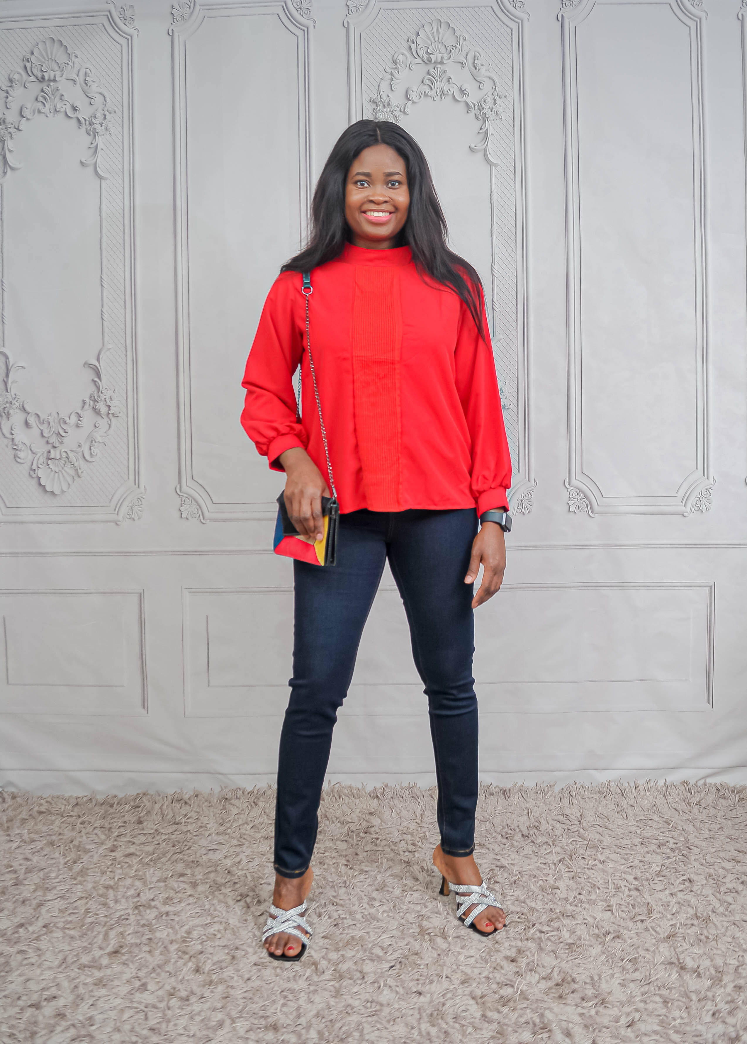 Red High Neck | Pleated Front Top