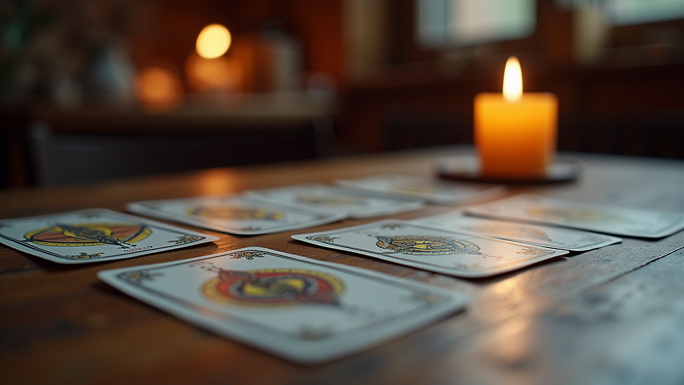 Close-up view of tarot cards spread on a table
