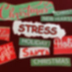Collage of torn paper pieces with words "Christmas," "Holiday," "Santa," and "STRESS" on red background, highlighting festive anxiety.