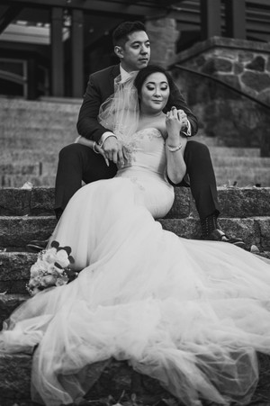 Cecil Green Park house, stairs, sitting, bride and groom