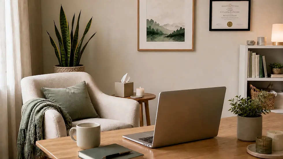 Virtual therapy setup for support with Mother’s Day guilt, grief, anxiety, burnout, and family stress