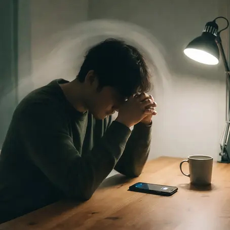 person sitting at desk at night overwhelmed by racing thoughts and anxiety