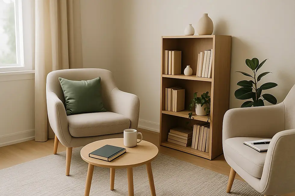 A modern reading nook with a cream armchair, soft sage accents, natural wood shelving, and greenery creating a bright, grounding atmosphere