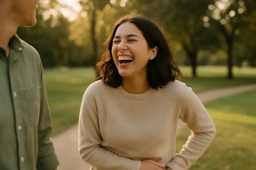 Person laughing outdoors, representing relief and emotional safety after therapy for anxiety and self-criticism.