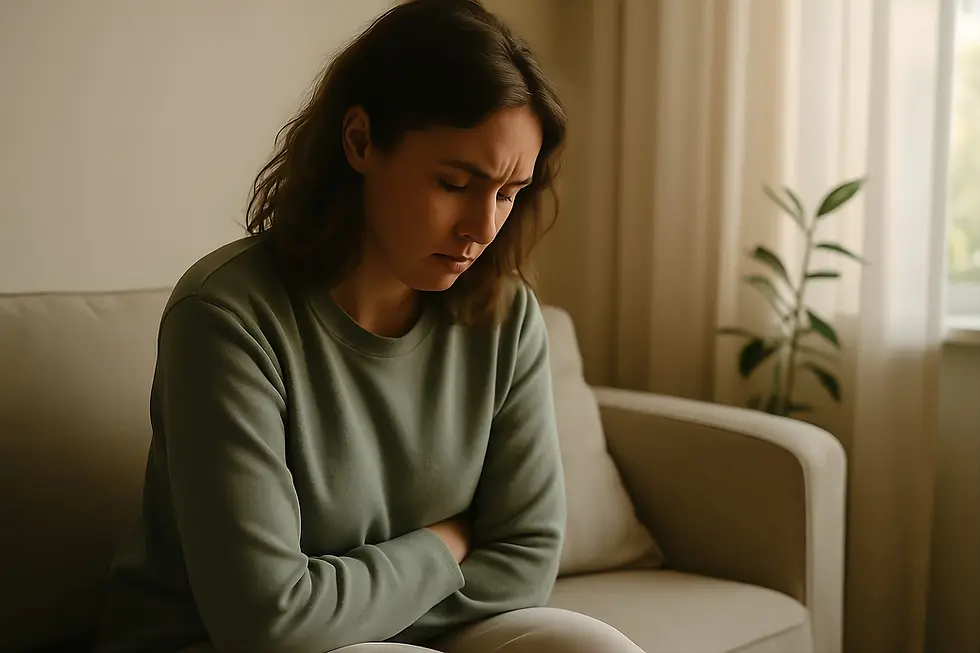 Person sitting on a couch with a pained expression, hands folded over their stomach, symbolizing the emotional exhaustion and shame often experienced by adults with ADHD.