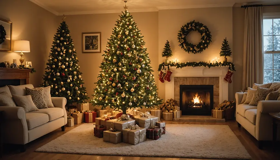 decorated living room with Christmas tree and warm lights reflecting expectations, comparison, and holiday stress and mental health