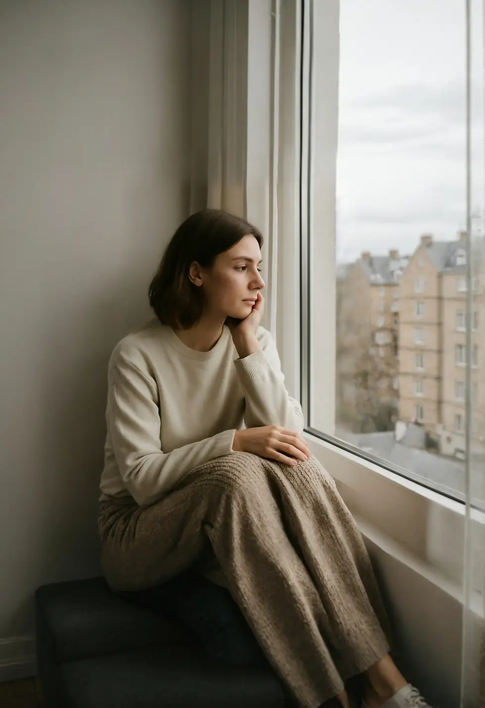 person sitting quietly by a window in soft natural light reflecting on subtle signs of self criticism