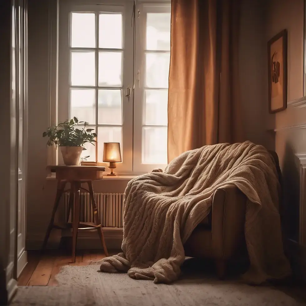 cozy beige chair with blanket beside table under warm light symbolizing emotional safety and therapy for self-worth