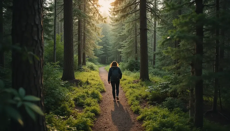 A person walks alone on a peaceful forest path surrounded by tall trees and sunlight, symbolizing mindfulness and emotional balance.