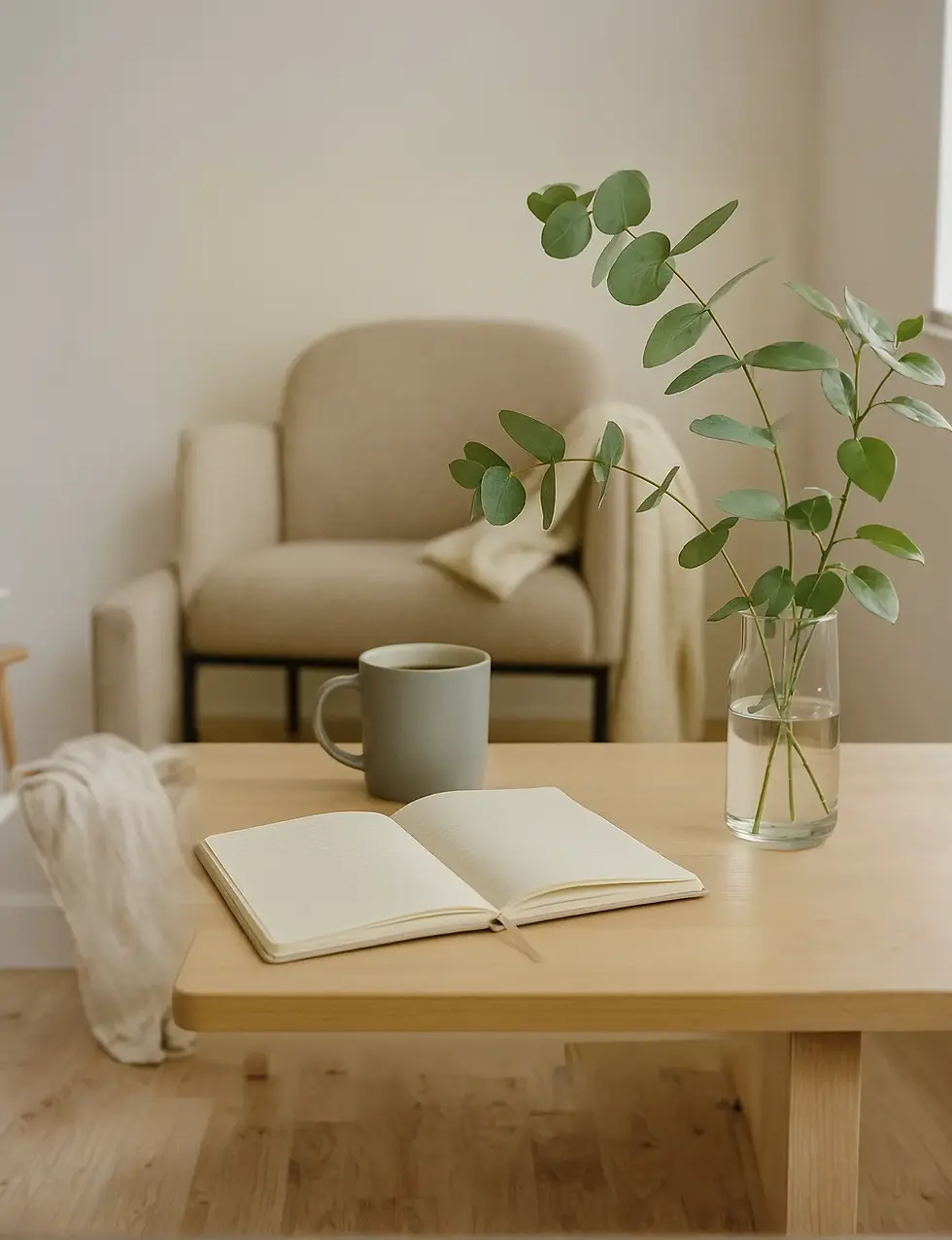 folded blanket on chair by sunlit corner symbolizing permission to rest without earning it