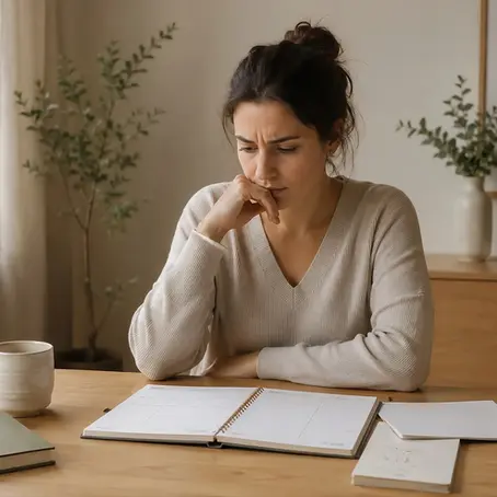 Person looking at a planner while feeling anxious about needing to know the plan.