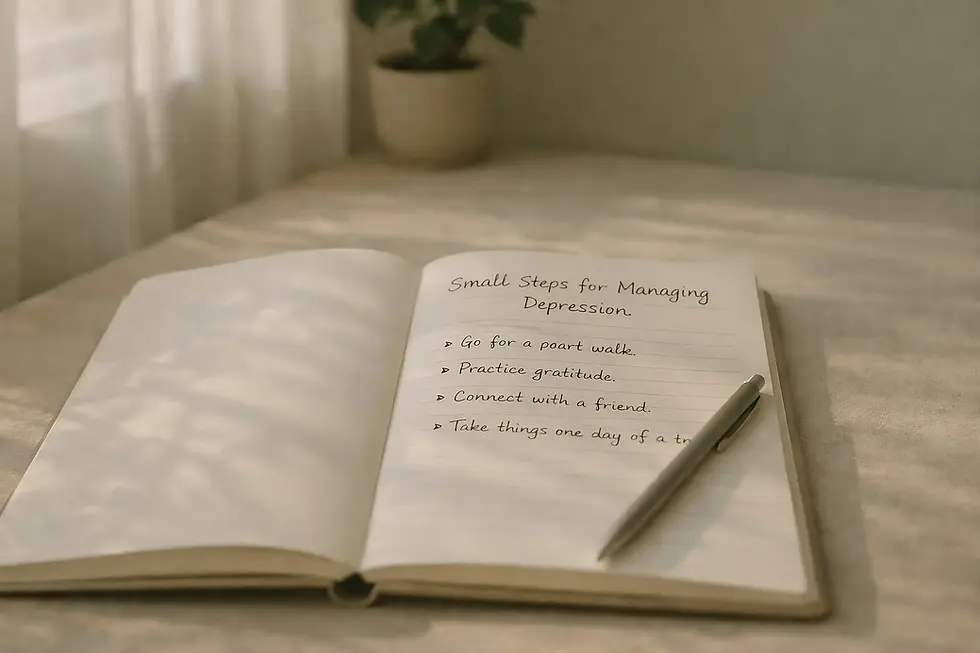 Journal on a neutral toned table with gentle morning light, symbolizing small steps and reflection when managing depression