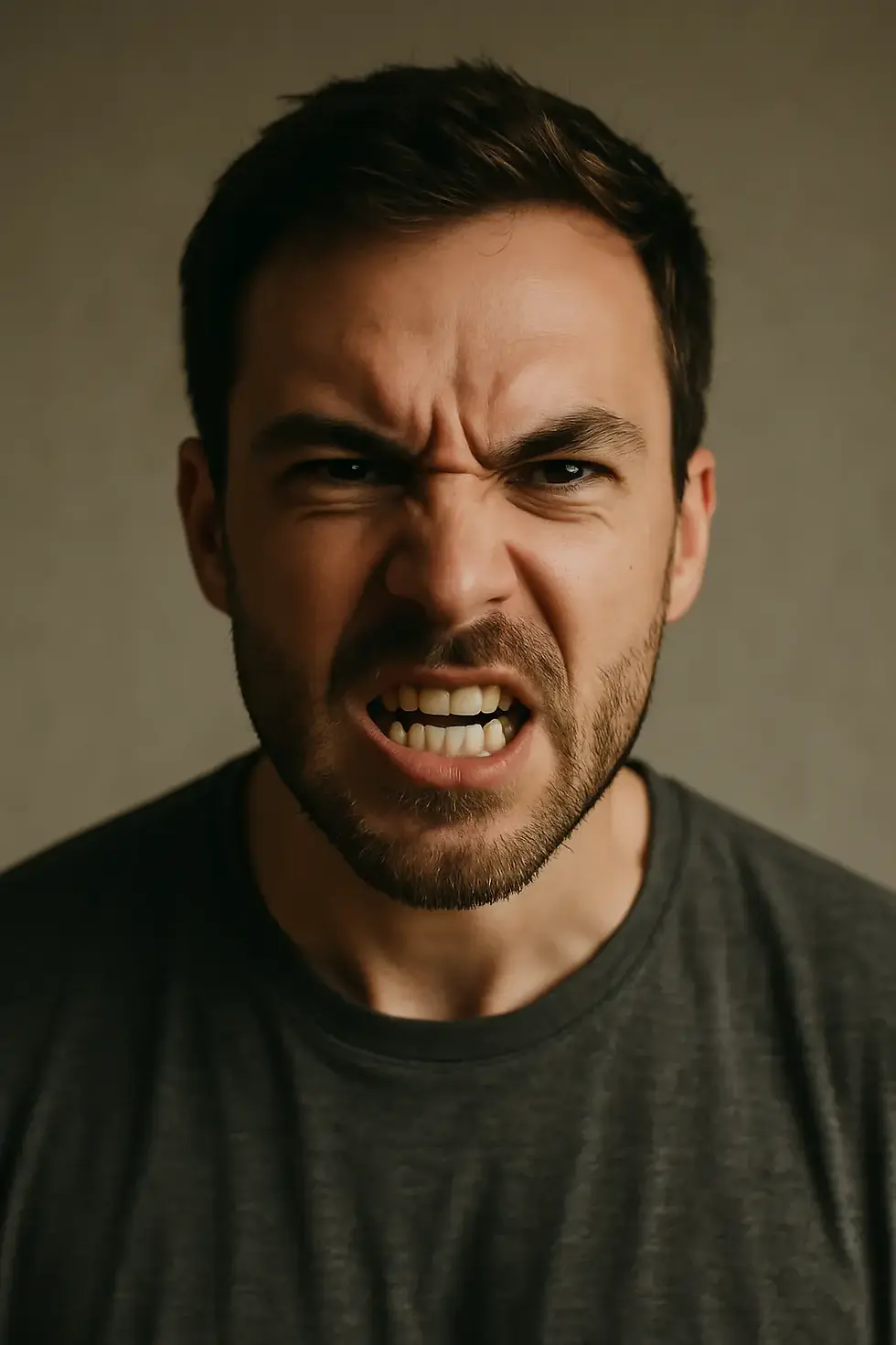 Close-up of a person’s face showing frustration and emotional intensity.
