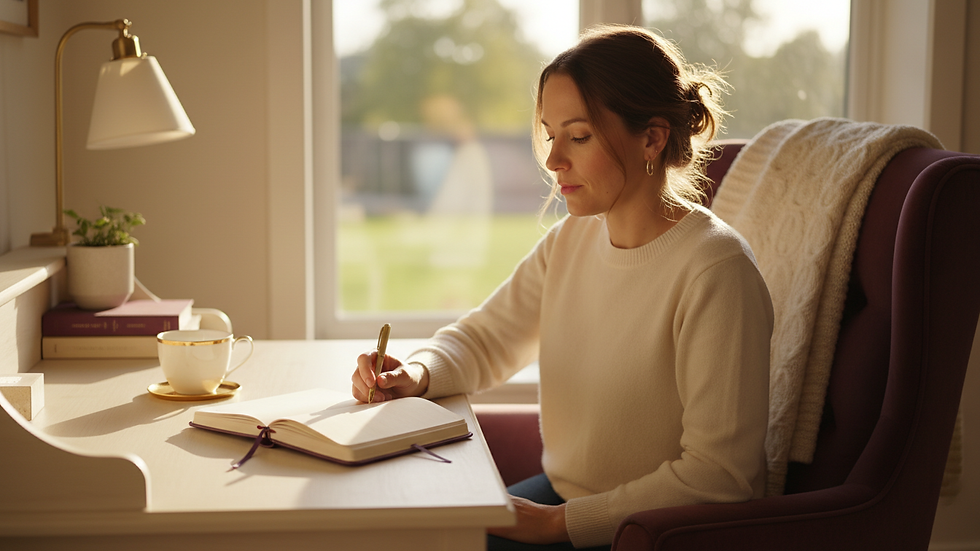 Eye-level view of a tidy desk with a notebook and pen
